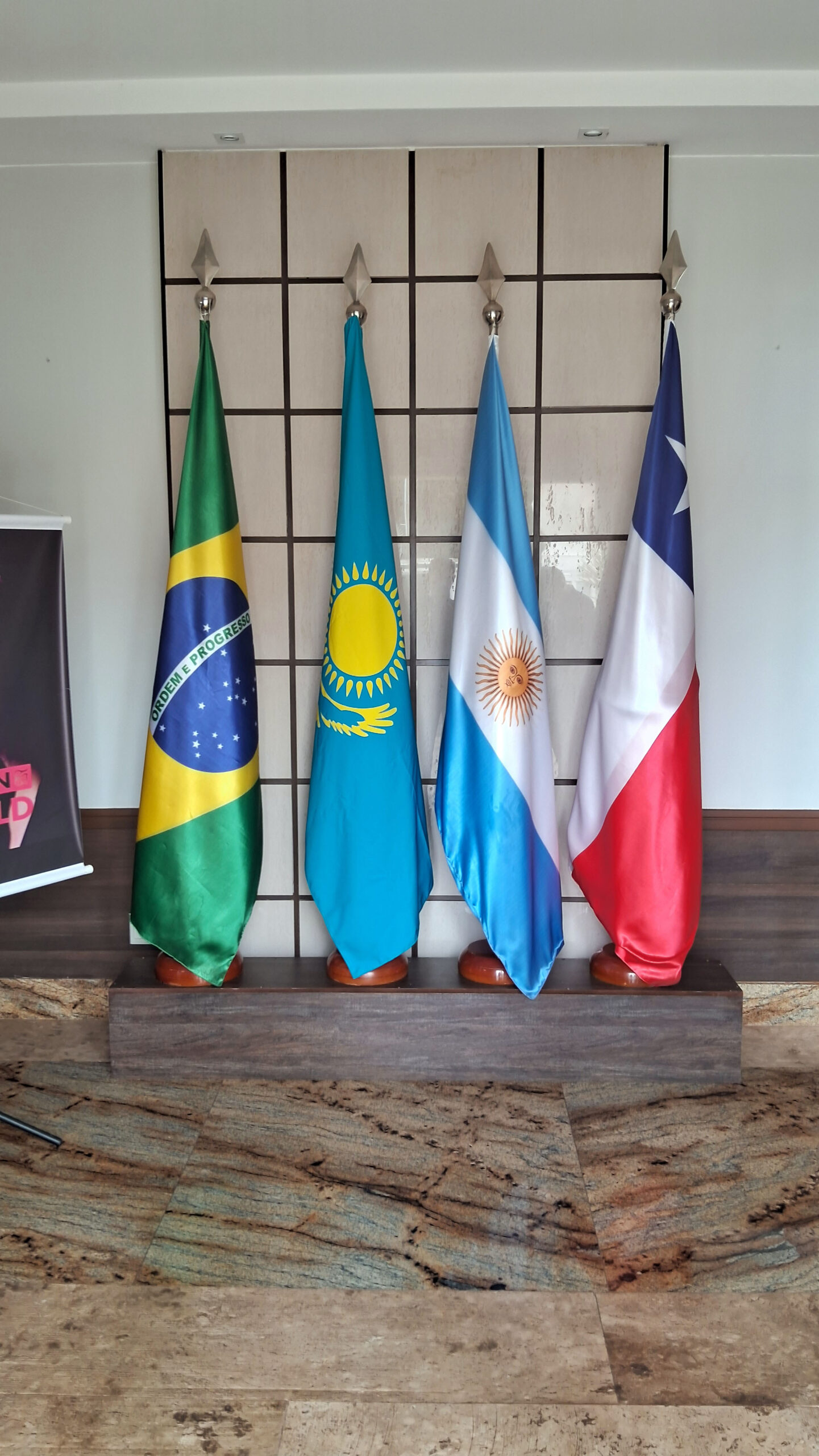 Flags of Brazil, Kazakhstan, Argentina and Chile, countries covered by the diplomatic representation of Kazakhstan in Brasília.
